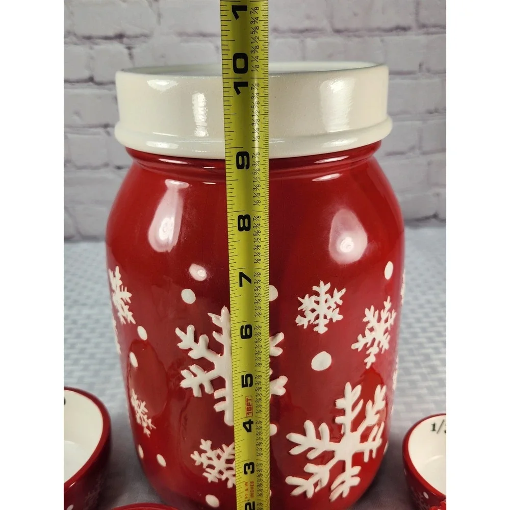 Red & White Snowflake‎ Cookie Jar + Matching Measuring Cups